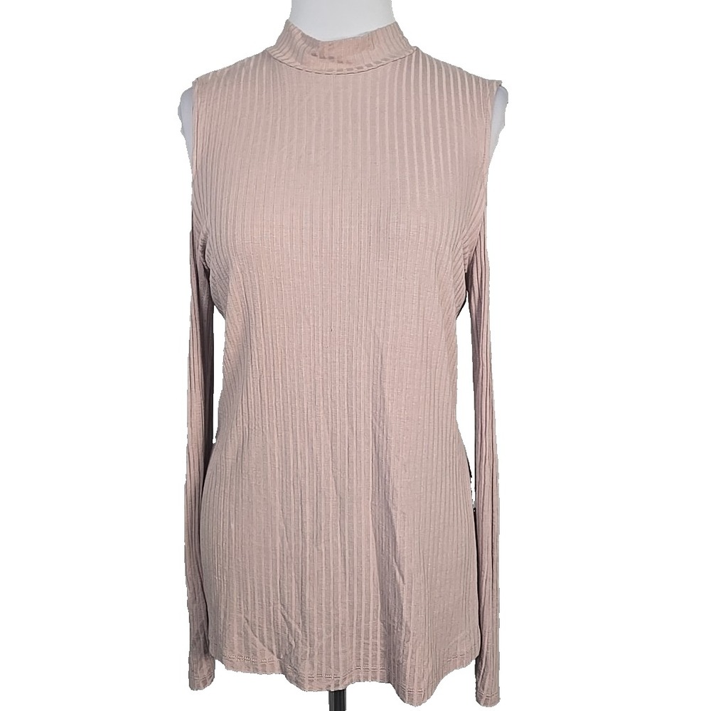 BOBEAU Ribbed Cold-Shoulder Long Sleeve Taupe Top Large L